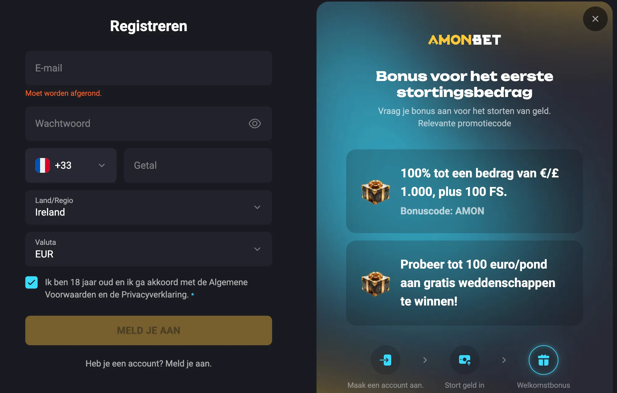 Formulaire d'inscription pour créer un compte joueur sur Amonbet Casino.
